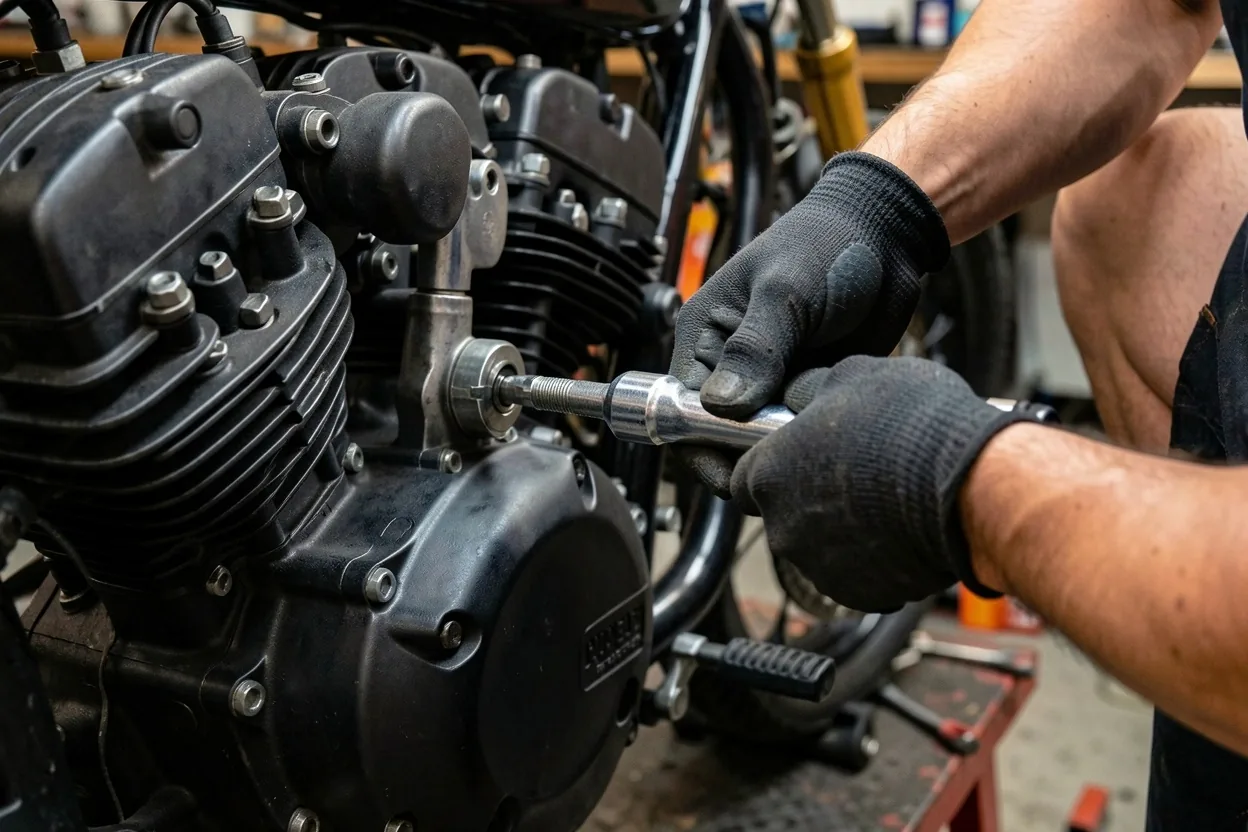 Mécanicien travaillant avec précision sur une moto à La Véloriua