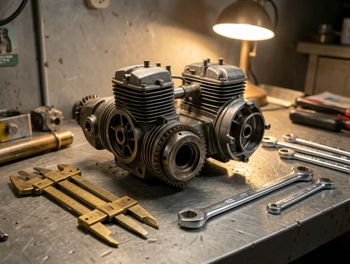 Moteur moto démonté sur établi de précision