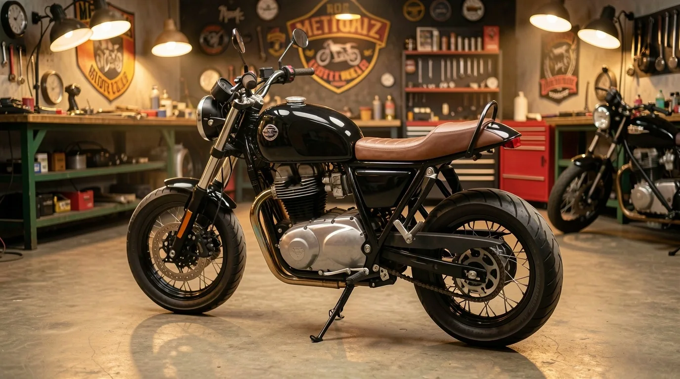 Moto custom finalisée dans le garage